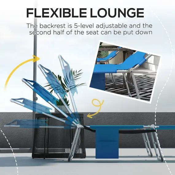 Buy Outsunny Foldable Sun Lounger Set of 2 with Reading Hole, Portable Sun Lounger with 5 Level Adjustable Backrest, Reclining Lounge Chair with Side Pocket, Headrest Pillow, Blue, 4 image