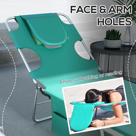 Buy Outsunny Foldable Sun Lounger Set of 2 with Reading Hole, Portable Sun Lounger with 5 Level Adjustable Backrest, Reclining Lounge Chair with Side Pocket, Headrest Pillow, Green, 5 image