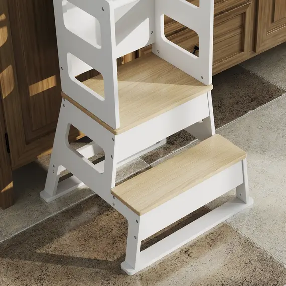 Buy 2-in-1 Toddler Tower with Chalkboard, Safety Rail for Kitchen, Counter, Bathroom, Sink, White, 8 image