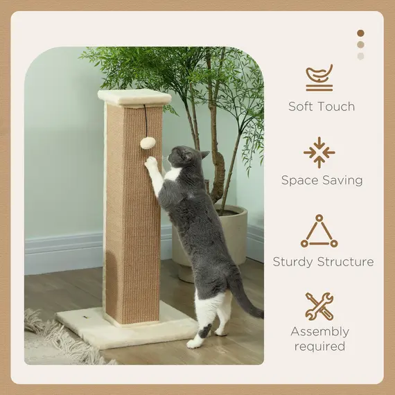 Buy 81cm Cat Scratcher, Vertical Full Scratcher w/ Natural Jute Rope, Hanging Ball, Soft Plush - Beige, 4 image
