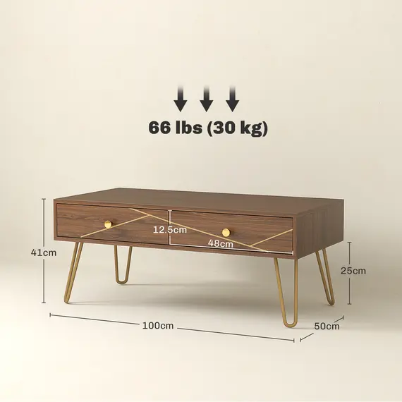 Buy Coffee Table with Storage, Living Room Table with Drawers, Rectangular Tea Table with Steel Base for Home, 100 x 50 x 41 cm, Brown, 3 image