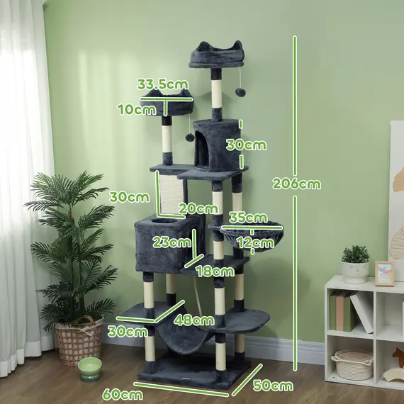 Buy PawHut 206cm Cat Tree, Multi-Level Cat Tower with Scratching Posts and Board, Beds, Condos, Platforms, Toy Balls, Dark Grey, 3 image