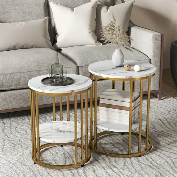 Buy Set of Two Marble-Effect Coffee Tables - White/Gold-Tone, 2 image