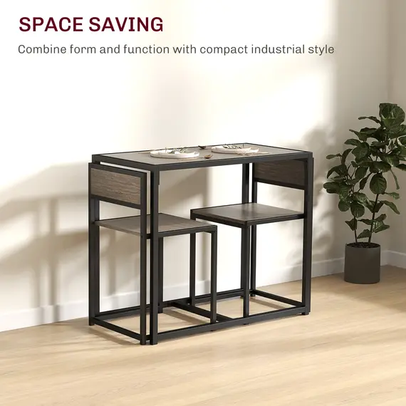 Buy Dining Table and Chairs Set 2, Dining Room Sets, Rectangular Space Saving Table and 2 Chairs for Compact Kitchens, Steel Frame, Grey Wood-Effect, 4 image