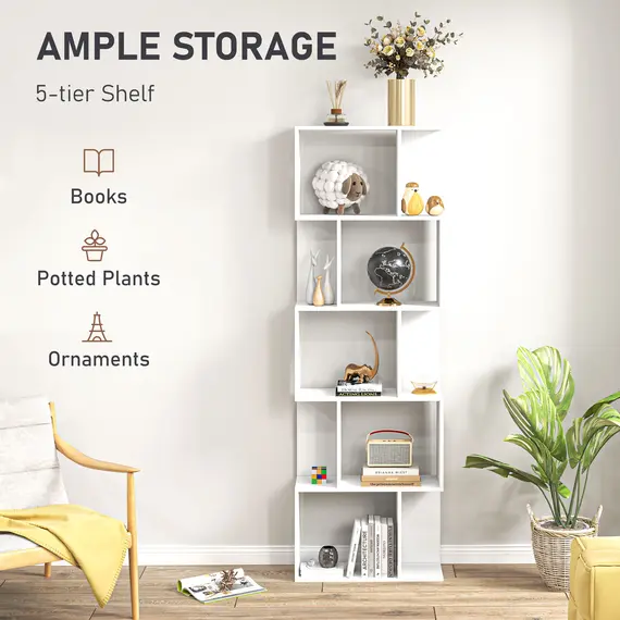 Buy Bookcase, S-Shaped Wooden Bookshelf, 5 Tiers Freestanding Storage Shelf, Home Office Display Stand Rack, White, 4 image