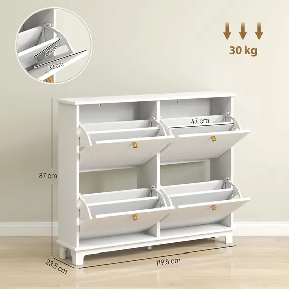 Buy Narrow Shoe Storage Cabinet, Slim Shoe Cabinet with 4 Flip Drawers, Adjustable Shelves for 16 Pairs of Shoes, White, 3 image