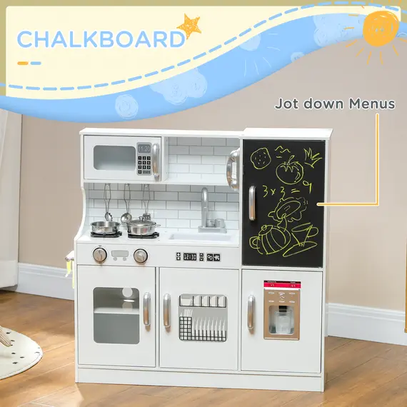 Buy Pretend Play Kitchen, Kids Kitchen Playset, with Toy Phone, Chalkboard, Microwave, Cooking Stove, Sink, White, 4 image