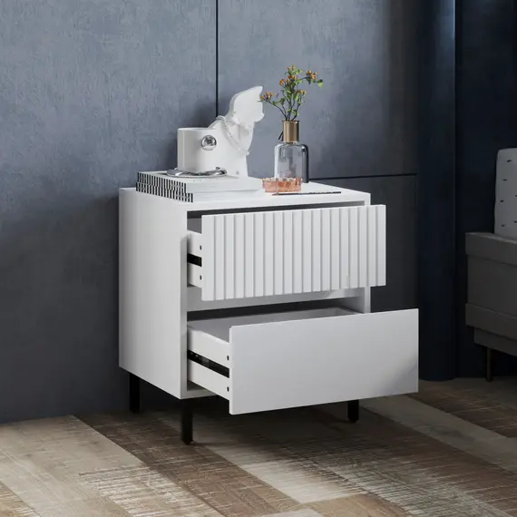 Buy Simple Line Indented Two-Drawer Bedside Table - White, 8 image