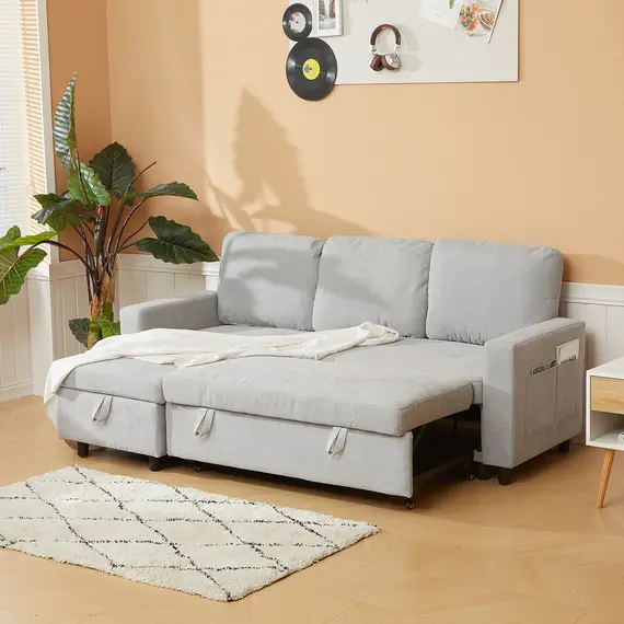 Buy Pull Out Sofa Bed with Storage - Light Grey, 8 image