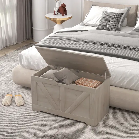 Buy 100L Home Storage Box, with Safety Hinges - Grey Wood-Effect, 8 image