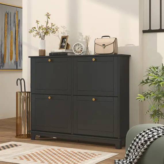 Buy Narrow Shoe Storage Cabinet, Slim Shoe Cabinet with 4 Flip Drawers, Adjustable Shelves for 16 Pairs of Shoes, Black, 7 image