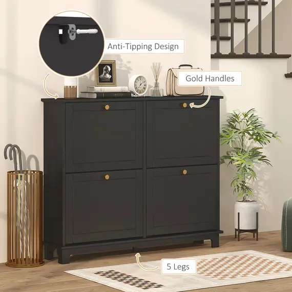 Buy Narrow Shoe Storage Cabinet, Slim Shoe Cabinet with 4 Flip Drawers, Adjustable Shelves for 16 Pairs of Shoes, Black, 6 image