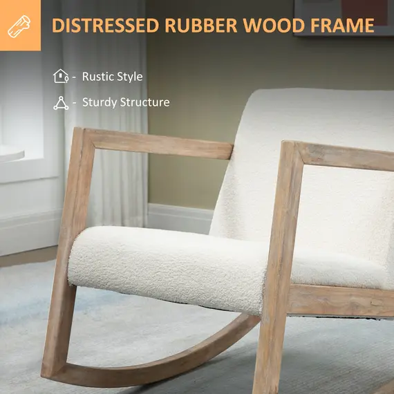 Buy Rocking Chair, Upholstered Sofa Armchair with Cushion and Wood Base for Living Room and Bedroom, Cream White, 6 image