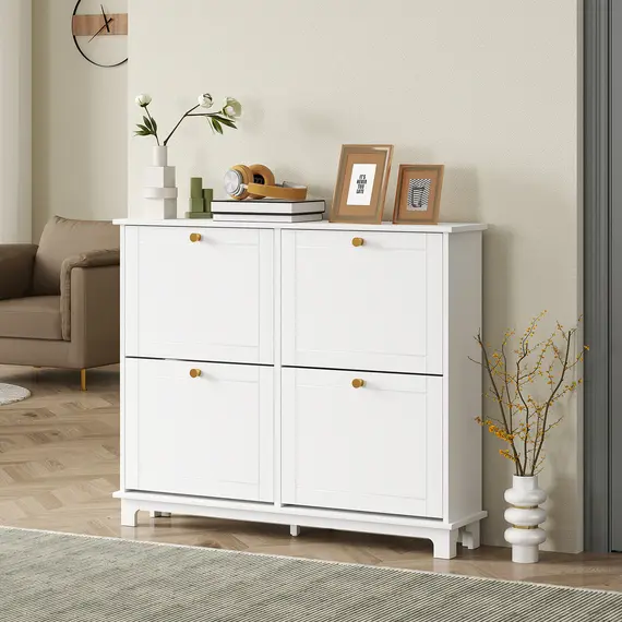 Buy Narrow Shoe Storage Cabinet, Slim Shoe Cabinet with 4 Flip Drawers, Adjustable Shelves for 16 Pairs of Shoes, White, 2 image