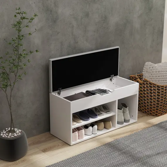 Buy Shoes Cabinet Bench Hidden Storage Padded Seat Organiser Footwear Rack Hallway Cream White, 2 image