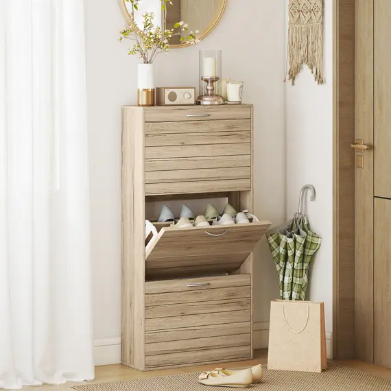 Buy 12-Shoe Flip Drawer Storage Cabinet - Brown Wood-Effect, 2 image