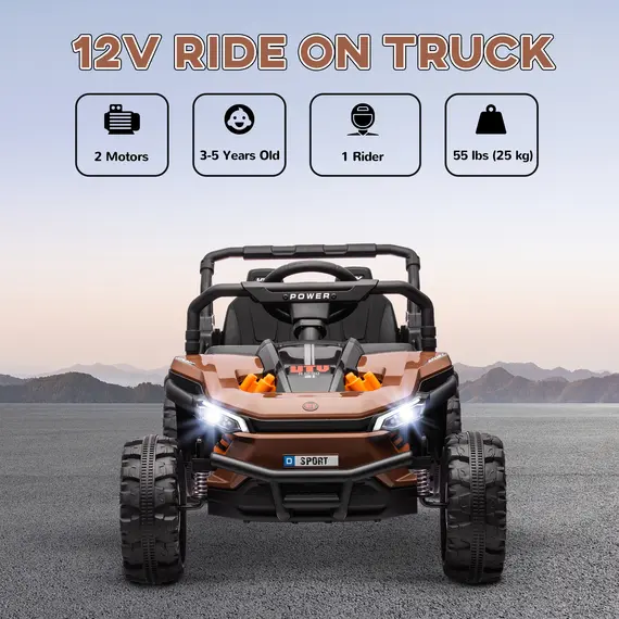 Buy AIYAPLAY 12V Battery Powered Ride on Truck w/ Remote, Four Suspension Wheels, Horn, Lights, Music, USB, for Ages 3-5 Years, Brown, 4 image