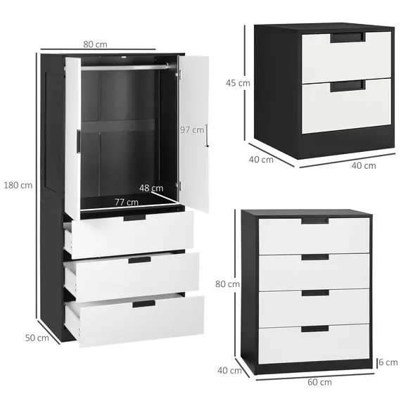 Buy Bedroom Furniture Set, Wardrobe with Hanging Rod, 4 Drawer Chest of Drawers, 2 Bedside Tables with Storage, White and Black, 3 image
