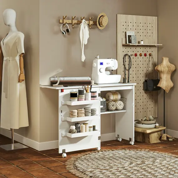 Buy Folding Sewing Table, Drop Leaf Craft Table with Storage Bins, Open Shelf and Wheels, Rolling Sewing Machine Cabinet Computer Desk for Small Space, White, 2 image