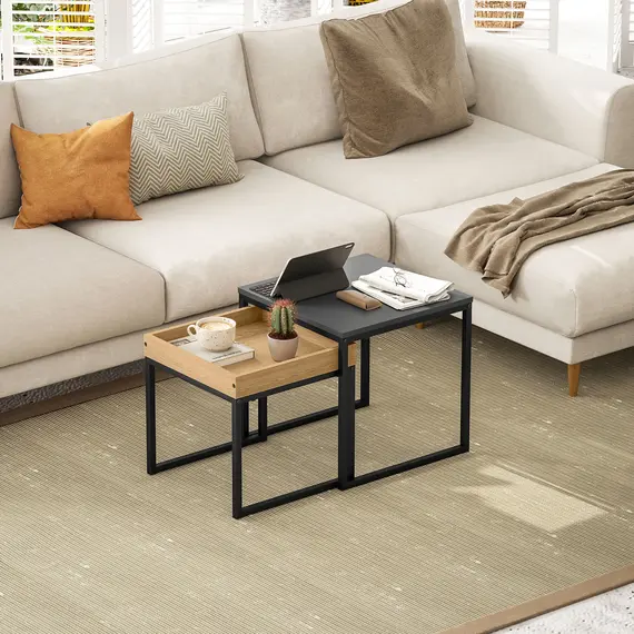 Buy Set of Two Boxy Nesting Tables - Black/Wood-Effect, 7 image