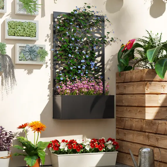 Buy Outdoor Metal Planter, with Back Trellis - Black, 7 image