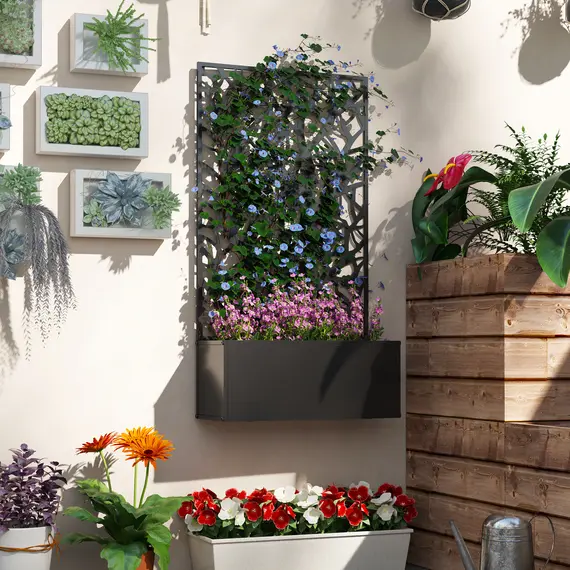 Buy Outdoor Metal Planter, with Back Trellis - Black, 7 image