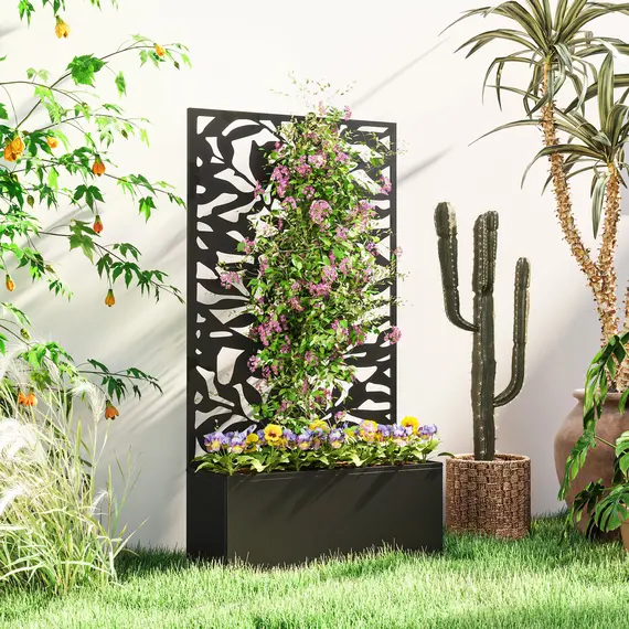 Buy Outsunny Metal Garden Bed with Trellis, Wall Mounted or Freestanding Raised Planter with Privacy Panel, Black, 2 image