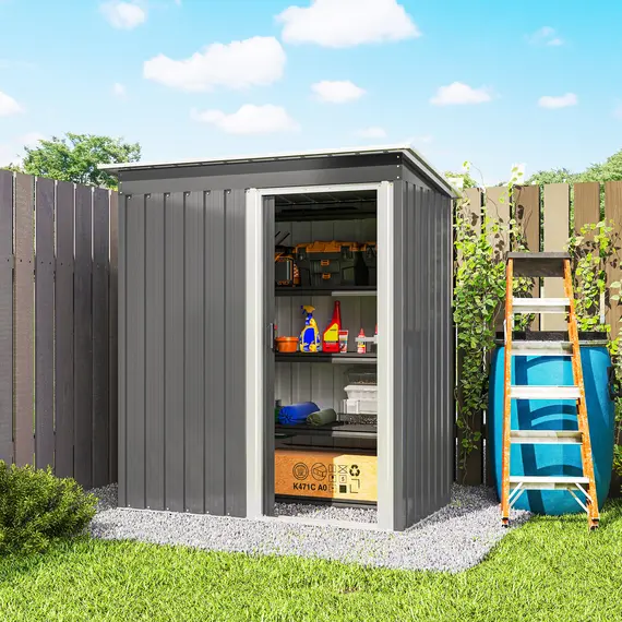 Buy Outsunny 5 x 3ft Garden Storage Shed with Sliding Door and Sloped Roof Outdoor Equipment Tool, Light Grey, 9 image