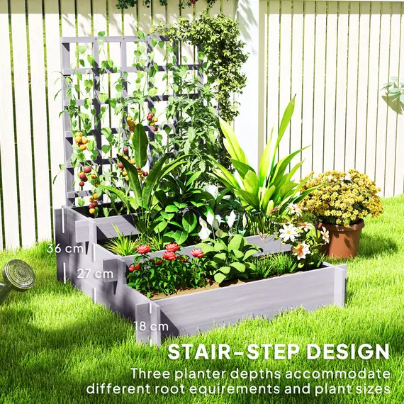 Buy 3 Tier Garden Planters with Trellis for Vine Climbing, Wooden Raised Beds, 95x95x110cm, Grey, 5 image