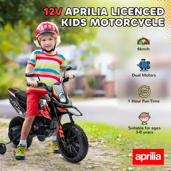 Buy 12V Aprilia Licensed Kids Motorbike with Training Wheels, Spring Suspension, LED Headlight, USB, Music, Red/Black, 4 image
