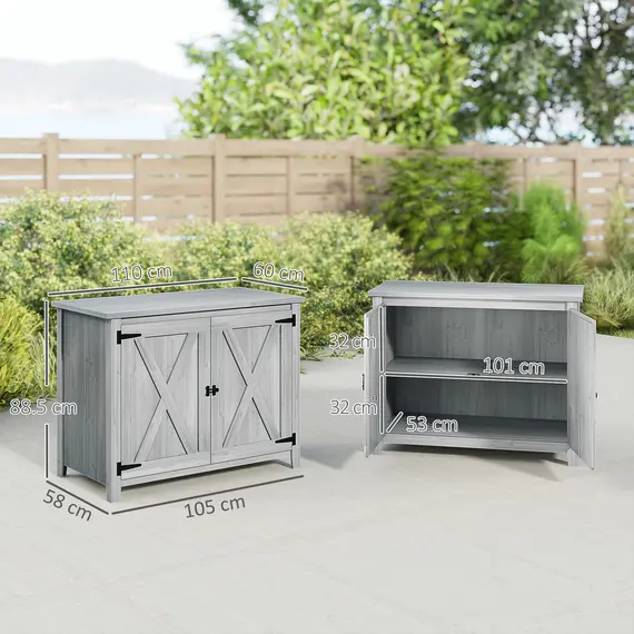 Buy Outsunny Wooden Garden Shed, Outdoor Fir Wood Storage Shed with Shelf and Double Doors, Light Grey, 3 image