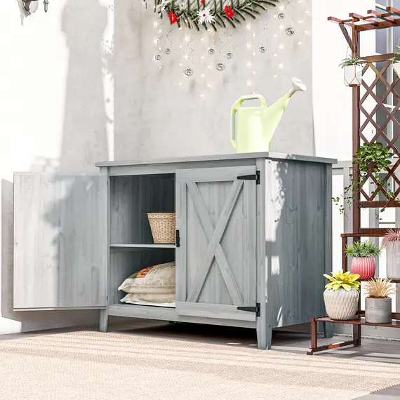 Buy Outsunny Wooden Garden Shed, Outdoor Fir Wood Storage Shed with Shelf and Double Doors, Light Grey, 2 image