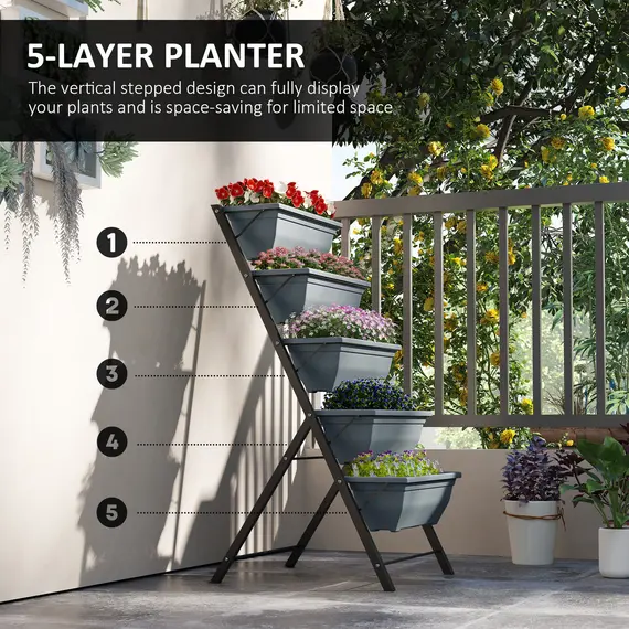 Buy Outsunny 5-Tier Raised Garden Bed, Vertical Ladder Plant Stand with 5 Removable Boxes, Drainage Holes and Plugs, Indoor Outdoor Elevated Flower Herb Growing Box for Garden Patio Balcony, Grey, 4 image