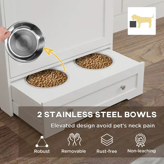 Buy Dog Feeding Station with 2 Storage Cabinets, 2 Elevated Bowls, Side Hooks, Anti-tip Kit for Water and Feeding Supplies, 6 image