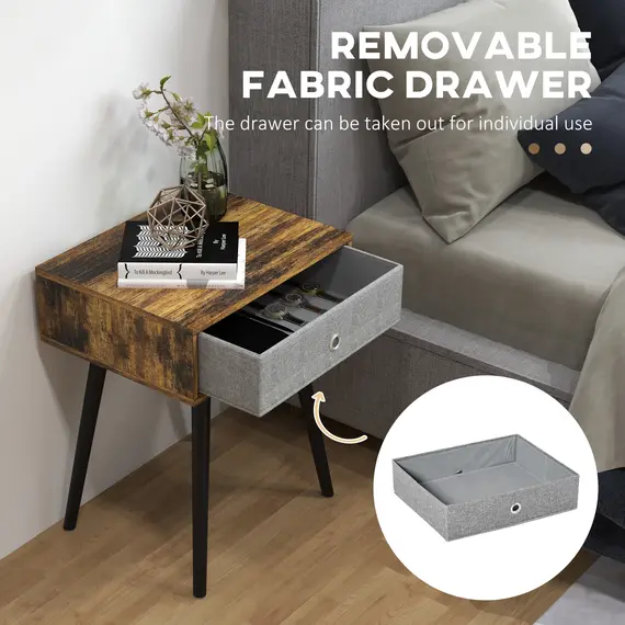Buy Bedside Table Set of 2, Industrial Nightstand, Tall End Table with Removable Fabric Drawer, Retro Chic Side Table Accent Furniture with Wooden Legs, Rustic Brown, 4 image