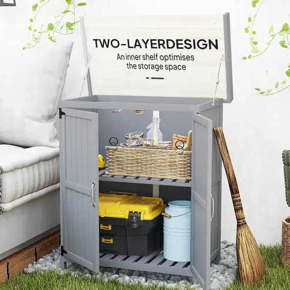 Buy Outsunny Wooden Garden Shed, Garden Tool Storage Shed with Hinged Roof and Shelf, Outdoor Storage Cabinet with Double Doors, Grey, 6 image