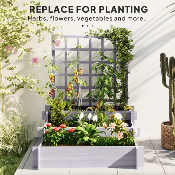 Buy 3 Tier Garden Planters with Trellis for Vine Climbing, Wooden Raised Beds, 95x95x110cm, Grey, 7 image