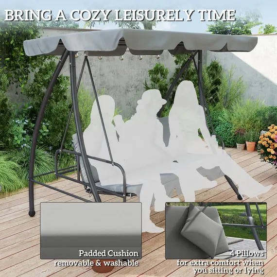 Buy Outsunny Outdoor 2-in-1 Swing Chair Lounger 3 Seater Garden Swing Seat Bed Convertible Tilt Canopy W/ Cushion, Light Grey, 7 image