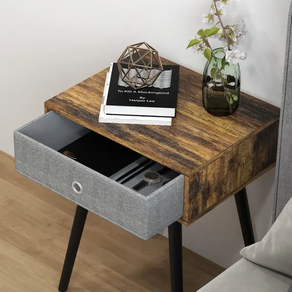 Buy Bedside Table Set of 2, Industrial Nightstand, Tall End Table with Removable Fabric Drawer, Retro Chic Side Table Accent Furniture with Wooden Legs, Rustic Brown, 8 image