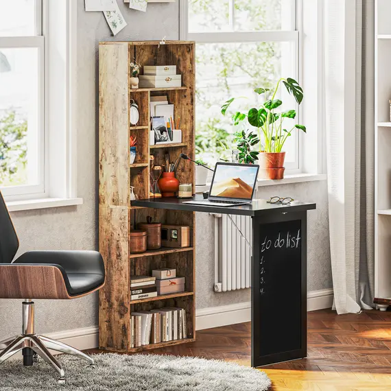 Buy Folding Desk with Blackboard Multi-function Computer Office Workstation Side Shelf for Home Office, Rustic Brown, 2 image