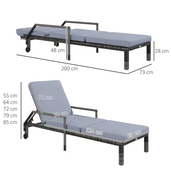 Buy Outsunny Outdoor PE Rattan Sun Lounger Set of 2, Wicker Chaise Recliner Garden Chair with 5-Level Adjustable Backrest and 2 Wheels, Dark Grey, 3 image
