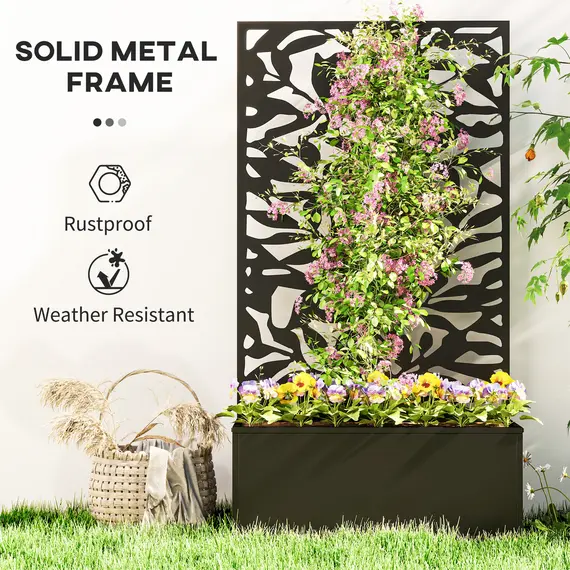 Buy Outsunny Metal Garden Bed with Trellis, Wall Mounted or Freestanding Raised Planter with Privacy Panel, Black, 6 image