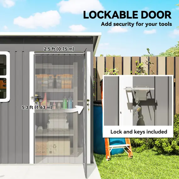 Buy Outsunny 7 x 4ft Eco-friendly Galvanised Steel Garden Shed, with Lock and Gloves, 40kg/㎡ Snow Capacity - Grey, 7 image