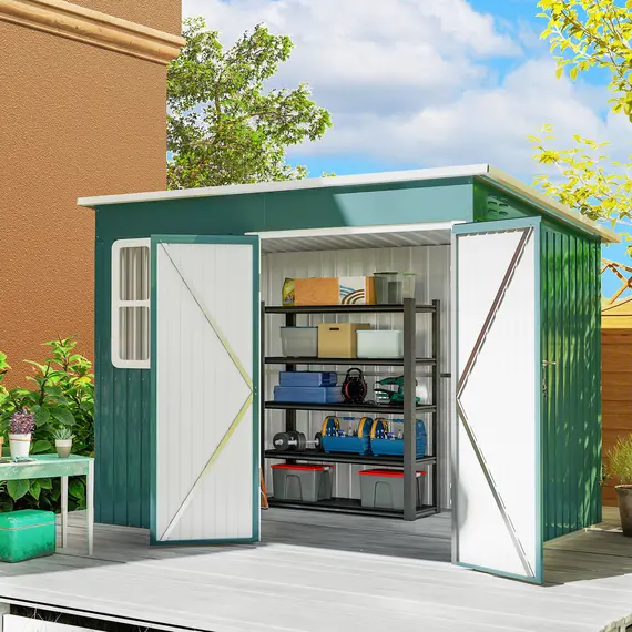 Buy Outsunny 8.5 x 6ft Storage Shed Galvanised Steel Garden Shed, Metal Shed with Foundation Kit, Window, Lockable Wide Doors and Air Vents for Outdoor Patio, Green, 2 image
