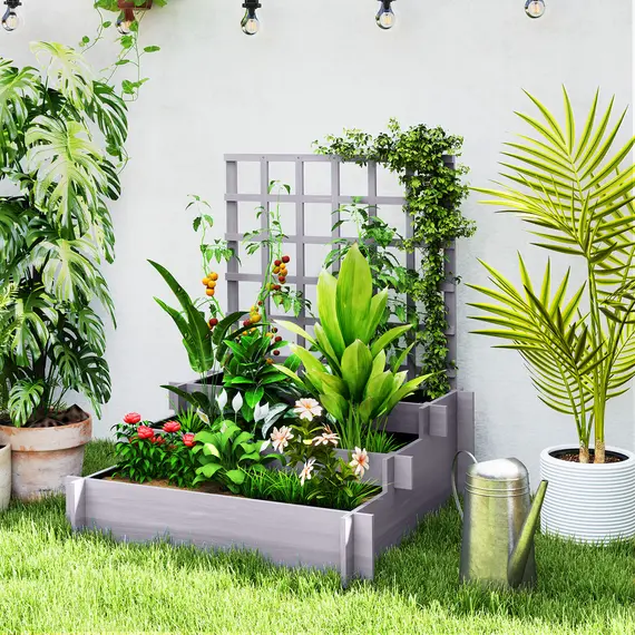Buy 3 Tier Garden Planters with Trellis for Vine Climbing, Wooden Raised Beds, 95x95x110cm, Grey, 2 image