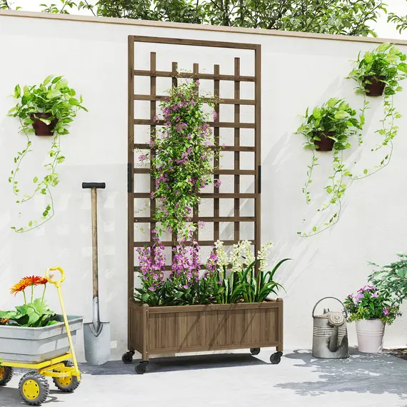 Buy Outsunny Wooden Trellis Planter, Raised Garden Bed with Wheels, to Climb and Grow Vegetables, Herbs and Flowers, Brown, 8 image