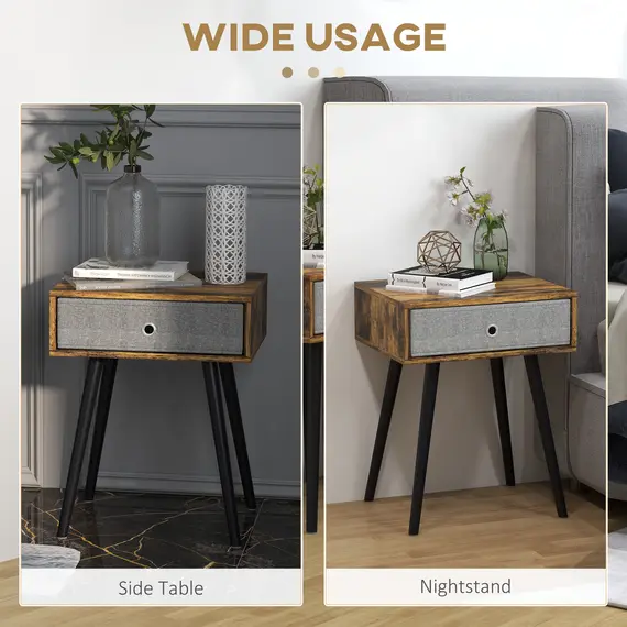 Buy Bedside Table Set of 2, Industrial Nightstand, Tall End Table with Removable Fabric Drawer, Retro Chic Side Table Accent Furniture with Wooden Legs, Rustic Brown, 6 image