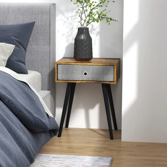 Buy Bedside Table Set of 2, Industrial Nightstand, Tall End Table with Removable Fabric Drawer, Retro Chic Side Table Accent Furniture with Wooden Legs, Rustic Brown, 7 image