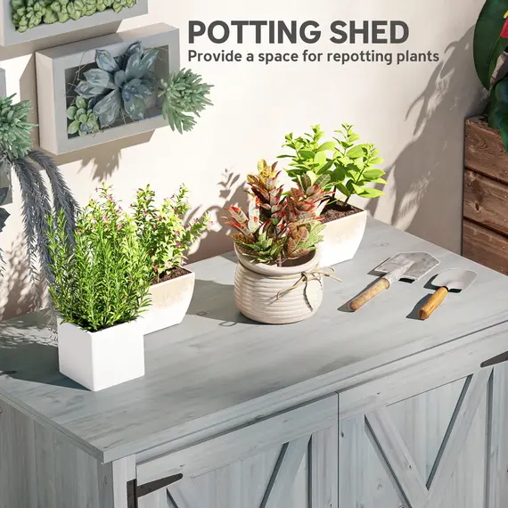 Buy Outsunny Wooden Garden Shed, Outdoor Fir Wood Storage Shed with Shelf and Double Doors, Light Grey, 5 image