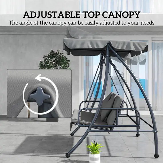 Buy Outsunny Outdoor 2-in-1 Swing Chair Lounger 3 Seater Garden Swing Seat Bed Convertible Tilt Canopy W/ Cushion, Light Grey, 4 image